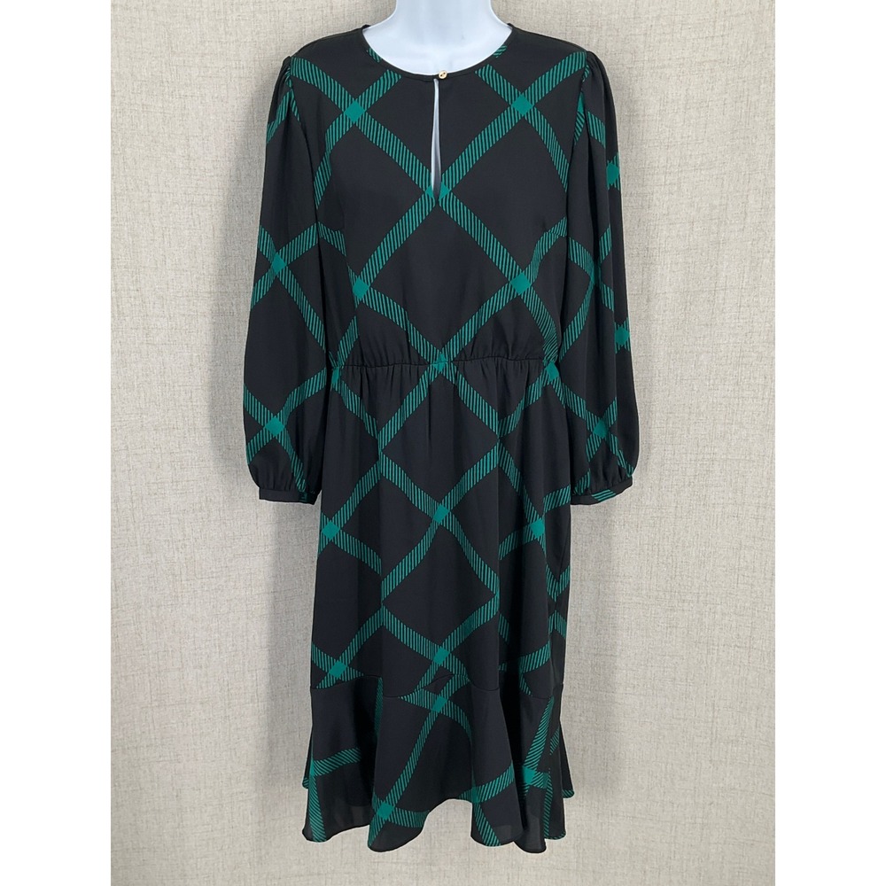 Ann Taylor Midi Dress Womens 8 Black Green Plaid Puff Sleeve Dark Academia